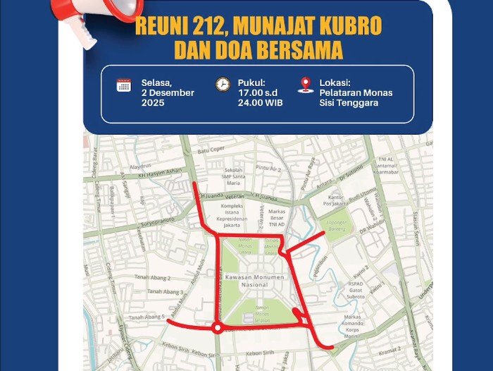 Lalin di 10 Jalan Monas Akan Dialihkan, Reuni 212 Siap Menyita Perhatian